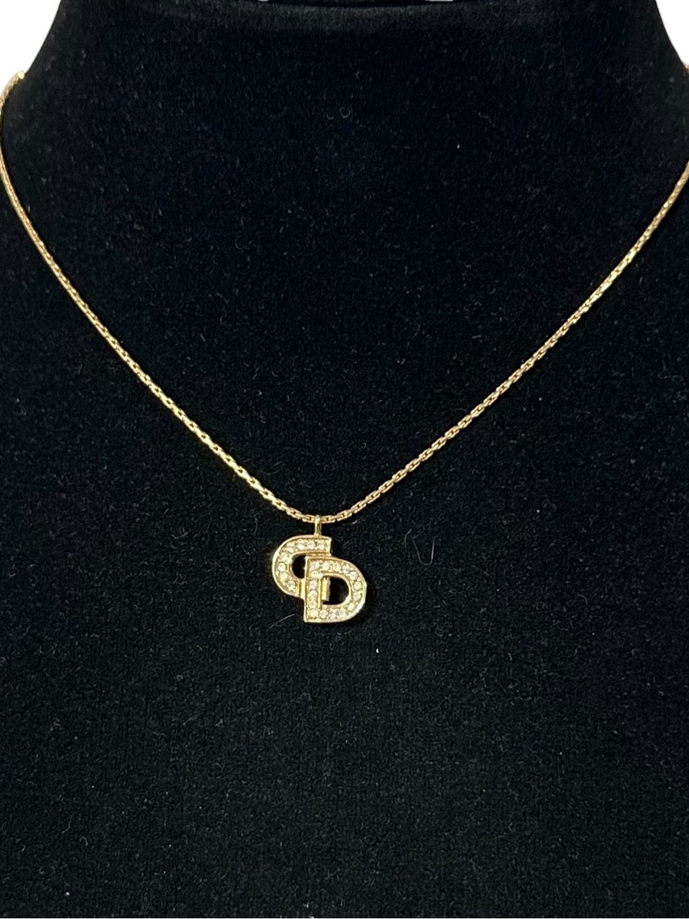 Christian Dior Gold & Crystal “CD” Initials Engraved Vintage Necklace - Picture 1 of 14